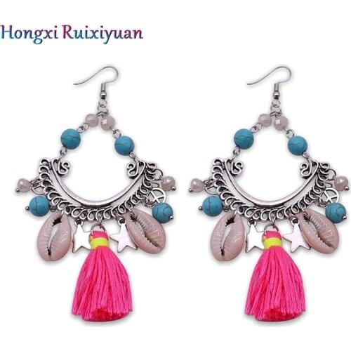 Fashion Jewelry Bohemian Tassel Crystal Shell Ms. Earrings Retro Geometric Shaped 5 Stars and Peace Circle Earrings Gift