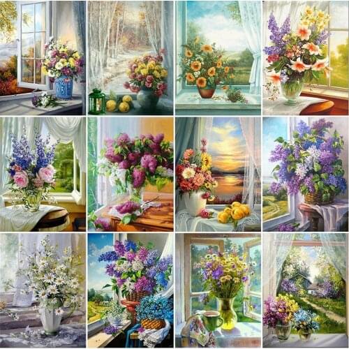 MomoArt Diamond Painting Flowers Picture Of Rhinestones Diamond Embroidery Lilac Cross Stitch Mosaic Vase Needlework Home Decor