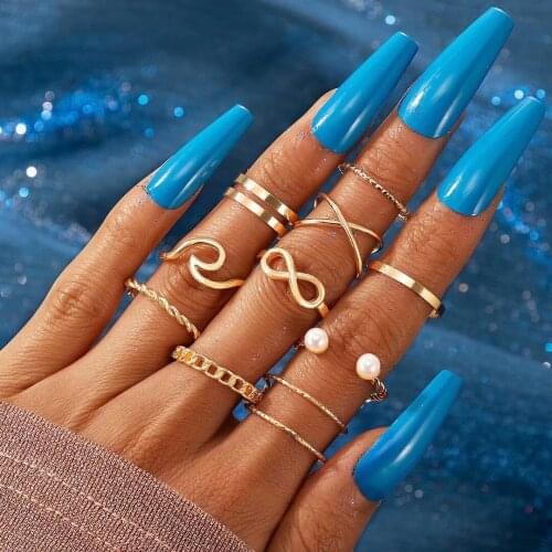 10 Pcs/ Set Infinite Spray Cross Pattern Metal Pearl Ring Set Creative Retro Open Ring Multi-layer Joint Ring Set for Women New