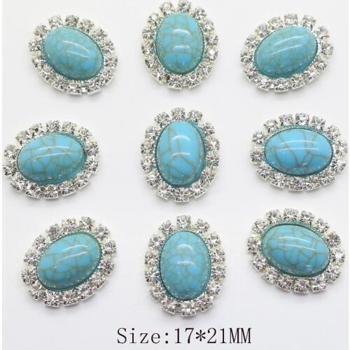 New 10Pc 17*21MM Oval turquoise rhinestone Button for Colthing Wedding decoration crystal Buckle Metal Accessories scrapbooking