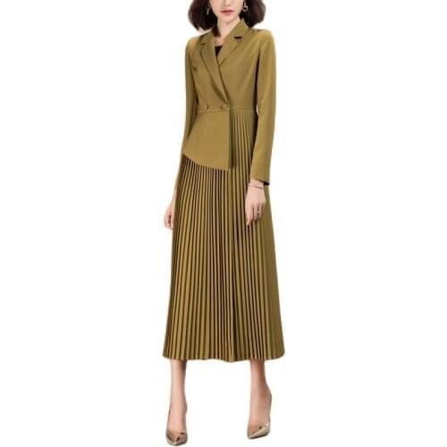 New Fashion Spring Womens Tailored Collar Jacket Spliced Pleated Green Casual Dress