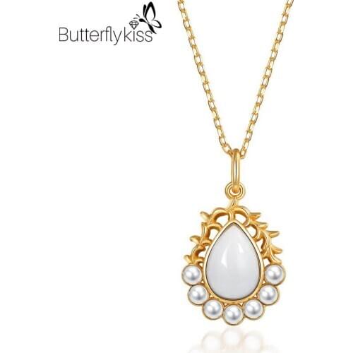 BK 925 Sterling Silver Pendants White Agate Water Drop Vintage Pattern Pearl DIY Making Necklaces Anniversary Engagement Jewelry