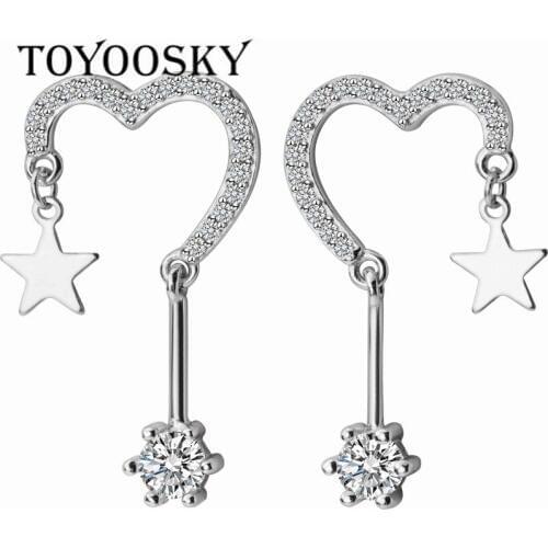 2019 Fashion Design Jewelry Shiny Crystal Star Heart 925 Sterling Silver Long Earrings with Zircon Beads Friendship Gift Teen