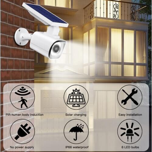 Solar Powered Outdoor Motion Sensor Spot Light & Dummy Security Camera 3 Modes WaterProof Garden Lamp with LED warning Light