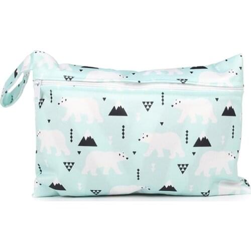 Baby Diaper Bag Printed Waterproof Wet Dry Nappy Zipper Handbag Stroller Carry Pack Travel Outdoor Wet Diaper Storage Pocket