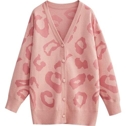PERHAPS U Women Sweater Knitted Long Sleeve Pink Leopard Cardigans V Neck Winter Outwear M0036