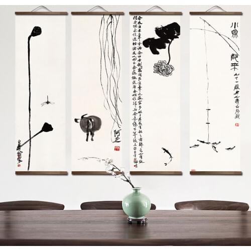 Chinese style flower plants canvas decorative painting Store bedroom living room wall art poster solid wood scroll paintings