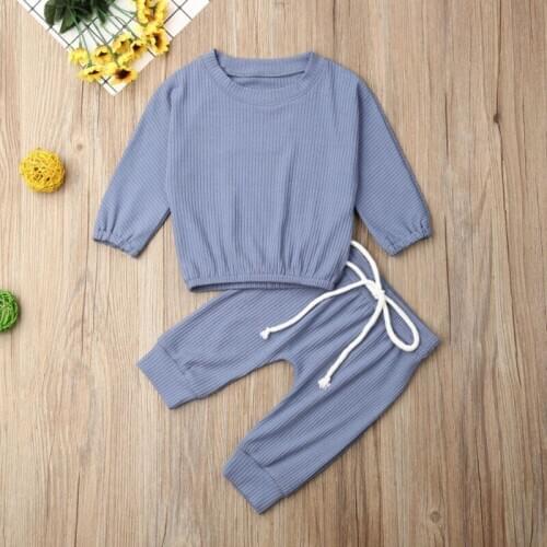 2020 Spring Autumn Baby Clothing Infant Baby Girl Clothes Solid Color Tops T-shirt Long Pants 2Pcs Set Ribbed Tracksuit Outfit