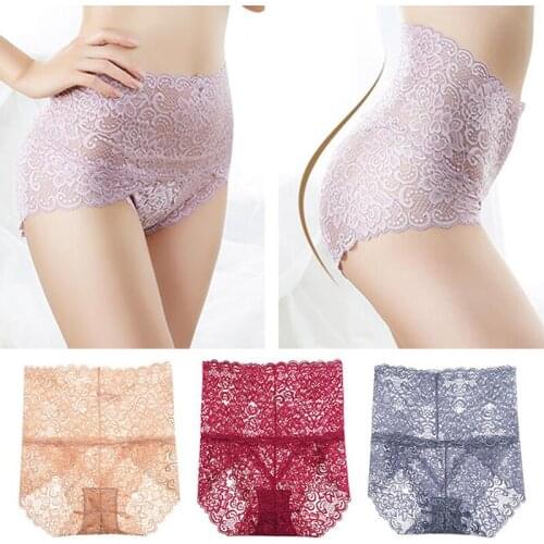 High Waist Hip Abdomen Cotton Crotch Panties Underwear Transparent Female Knicker Lingerie Sexy Floral Lace Brief Ladies