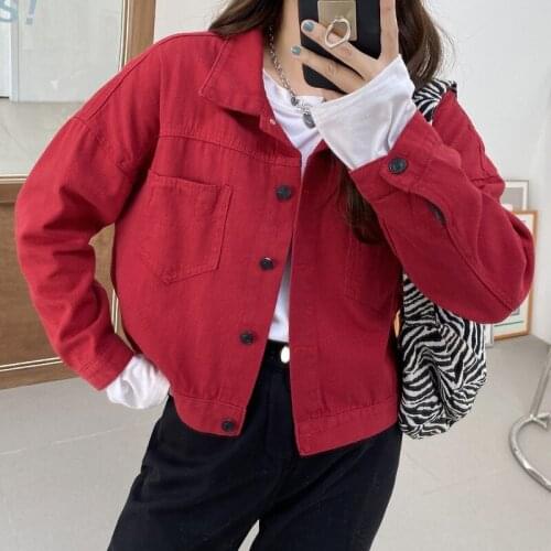 Womens Denim Jacket Cropped Red Coats Autumn Korean Cotton Fashion Casual Plus Size Single-Breasted Designer Jean Jacket