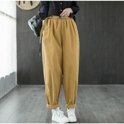 Johnature 2021 Autumn New Full Length Retro Elastic Waist Harem Pants Loose Leisure Solid Color Pockets All-match Women Pants