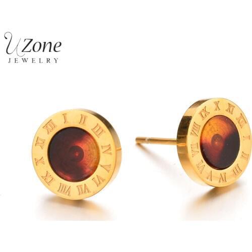 Gold Color Shell Resin 316L Stainless Steel Roman Numberal Stud Earrings For Women Classic Luxury Jewelry Wedding Gift Bijoux