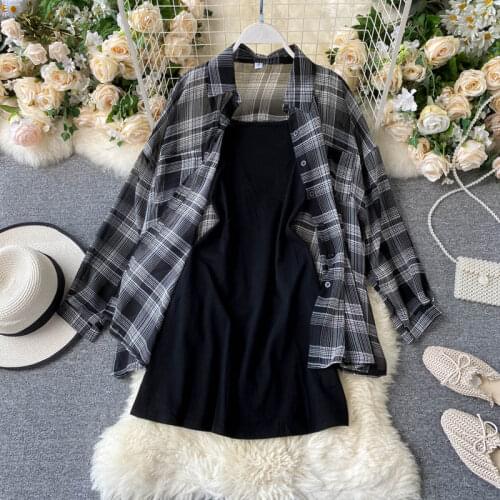 FTLZZ New Spring Summer Causal Women Two Piece Set Vintage Long Sleeve Gray Plaid Coat and Sexy Spaghetti Strap Black Mini Dress
