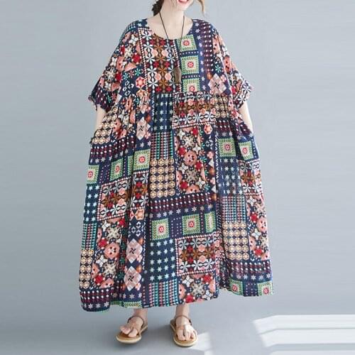 One Piece Vintage Abstract Print Cotton Linen Dress Summer Sundress Women Plus Size 4XL 5XL 6XL Big Swing Maxi Long Dress Robe