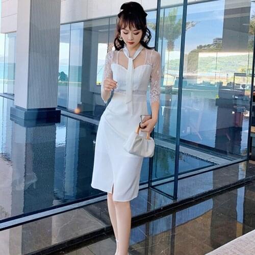 Fashion Vintage Korean Sexy Square Collar Lace Perspective Midi Party Dress Ladies Elegant Coffee Break Satin Split Dress Female