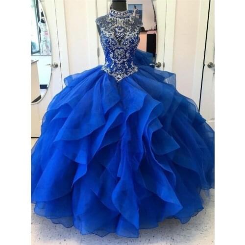 High Neck Crystal Beaded Bodice Corset Organza Layered Quinceanera Dresses Ball Gowns Princess Prom Dresses Lace-up