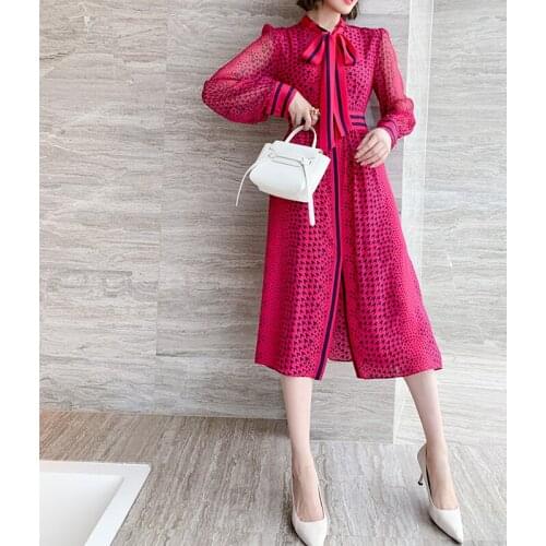 Spring New Womens Printed Bowknot Streamer Hit Color Striped High Waist Split Dress Red white