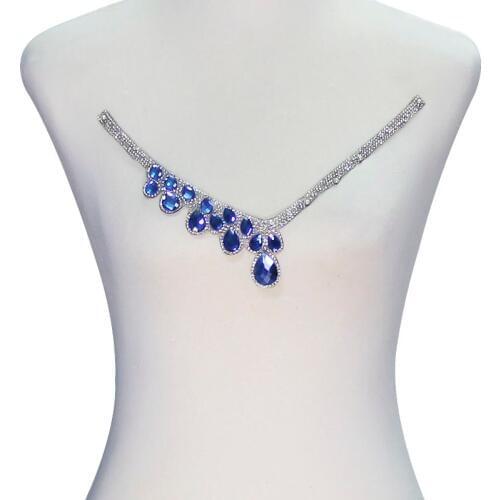 10piece Blue Neckline Crystal Neck Collar Stickers Iron on Patches Fancy Stone Rhinestone Applique Motif For Party Dance T2327