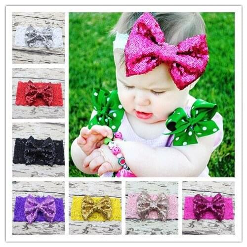 12 pcs/lot , Sparkly Messy Bow Wide Lace Headband , Baby Girls Sequin bow Lace Head wrap turban