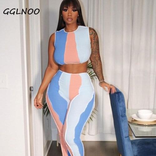 GGLNO Contrast O-Neck Sleeveless Top + Sports Pants High Waist Seamless Sportswear Workout Clothes Sports Suits 2pcs GG232010
