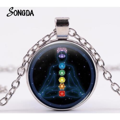 7 Chakra Reiki Healing Necklace Buddha Yoga Meditation Yin Yang Mandala Pendant Crystal Chain Om Symbol Statement Jewelry