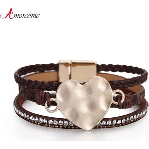 Amorcome Multilayer PU Leather Wrap Bracelets Magnetic Buckle Gold plated Metal Heart Clasp Jewelry Bohemian Snake Skin Bracelet