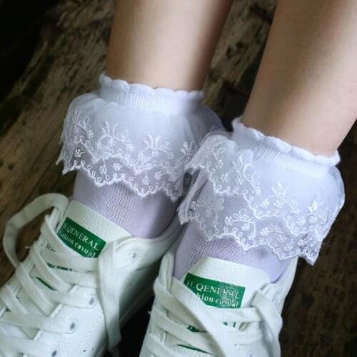 White Black Lolita Socks Women Double Layer Lace Ruffle Short Sock Solid Color Cosplay Princess Sock Sweet Breathable Cotton Sox