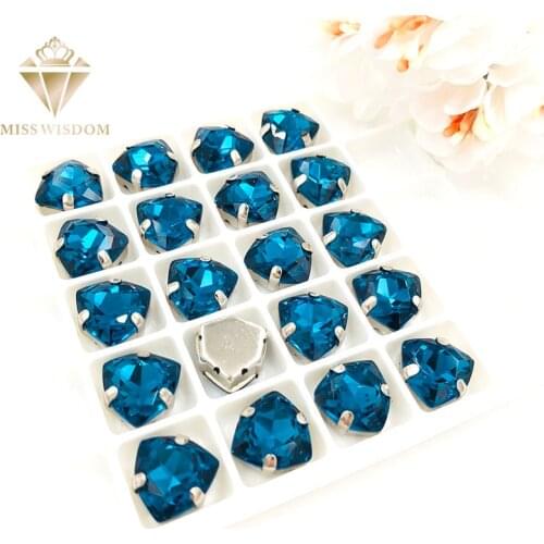 Free shipping 12mm Fat Triangle Peacock blue High quality Glass Crystal sew on rhinestones sliver base with hole diy accessories