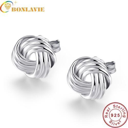 BONLAVIE 100% Genuine Sterling Jewelry Simple Round Sliver Twisted Stud Earrings for Women Best Gift