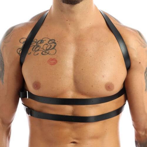 Black Harness Mens Lingerie Adjustable Buckle PU Leather Harness Punk Gothic Metal O-Ring Body Shoulder Straps Chest Belt