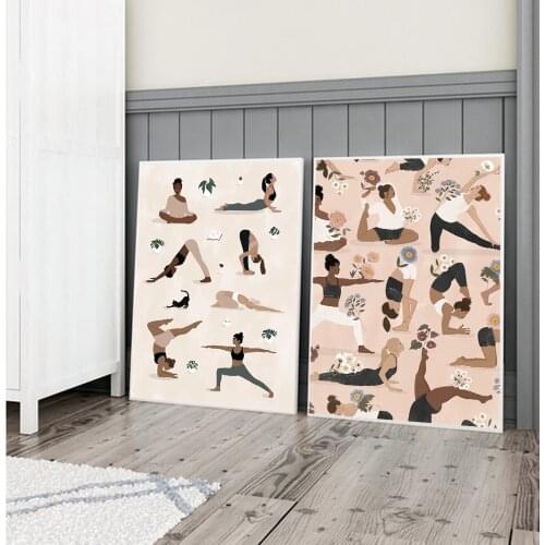 Home Exercise Gym Yoga Chart Pose Health Poster Wall Art Canvas Painting Yogis Flowers Girl Print Pictures For Living Room Decor
