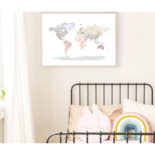 Pastel Watercolor World Map Wall Art Canvas Painting Neutral Baby Nursery Decoration Picture Nordic Prints Kids Room Decor