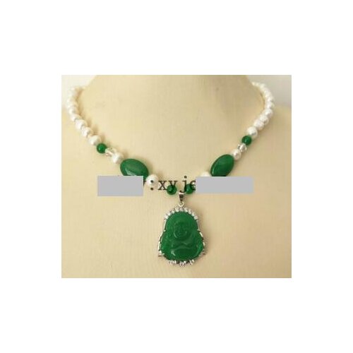 Cultured 7-8mm white fresh water pearl & green jade Buddha pendant necklace 17"