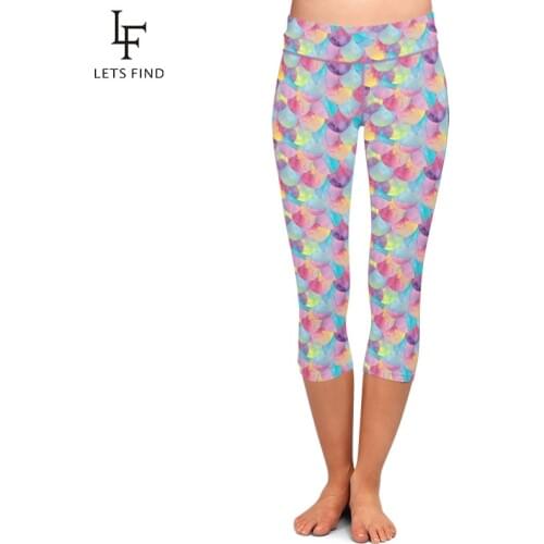 LETSFIND Summer New Watercolour Mermaid Fish Scale Pattern Print Women Plus Size Leggings Fashion High Waist Sexy Capri Leggings