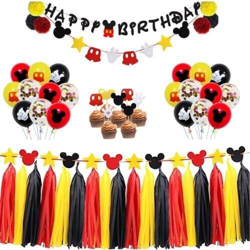 Mickey Mouse Birthday Decorations Set Happy Birthday Banner Inspired Cake Toppers for Kids Favor Disposable Dinnerware Supplies