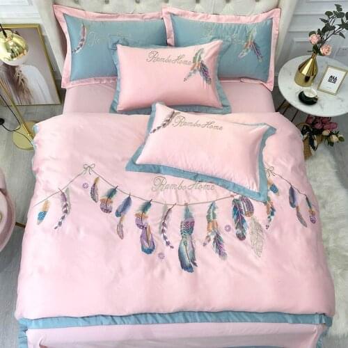 Papa&Mima Pink Feathers Dreamcatcher Embroidery Silk Cotton Bedlinens Print Bedding Set Sheet Pillowcase Duvet Cover