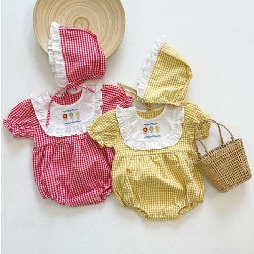 New Summer Baby Girls Short Sleeve Grid Rompers Baby Clothes Rompers Kids Girls Rompers Infant Clothing Rompers 0-3Yrs