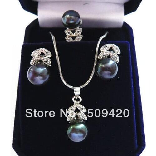Wholesale silver Sets 8-9 mm Freshwater Pearl Necklace Earring Ring
