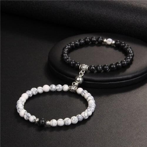 2pcs/set Couple Bracelets 6MM Natural Stone Lava Magnetic Buckle Distance Yoga Bangles For Women Men Lovers Attractive Jewelry