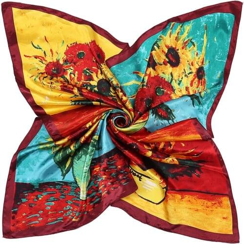 Van Gogh Oil Painting Scarf New Female Sunflower Printed Large 90*90CM Square Satin Simulated Silk-liked High Quality Scarf