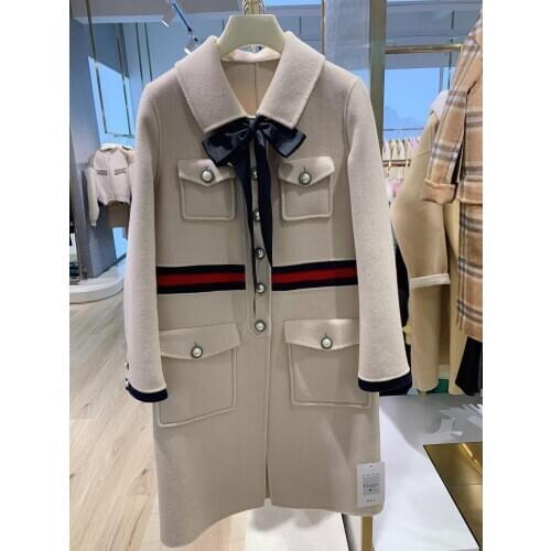Handmade wool coat beige high-end double-sided cashmere coat womens middle long fragrance color matching bow retro woolen coat