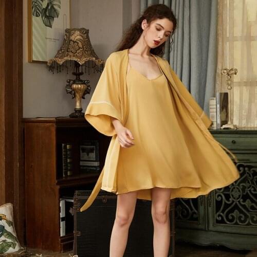 Creation 101 Spring Autumn Womens Pajamas Sexy Nightgown Robe Set Two Piece Thin Ice Silk Womens Home Wear