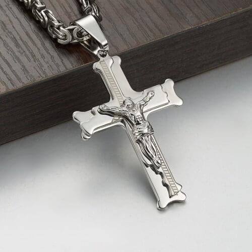 Granny Chic Boys Mens Silver 316L Stainless Steel Byzantine Box Chain Religious Jesus Cross Pendant Necklace Jewelry 20-34inch