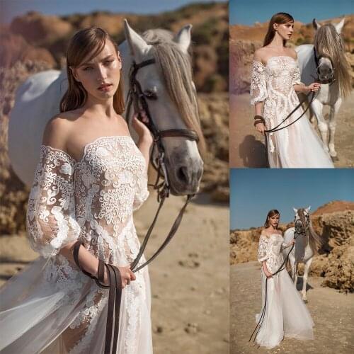 Vintage Lace Applique Wedding Dresses Boat Neck Puff Sleeve A-Line Vestido De Noiva Custom Made Bridal Dress