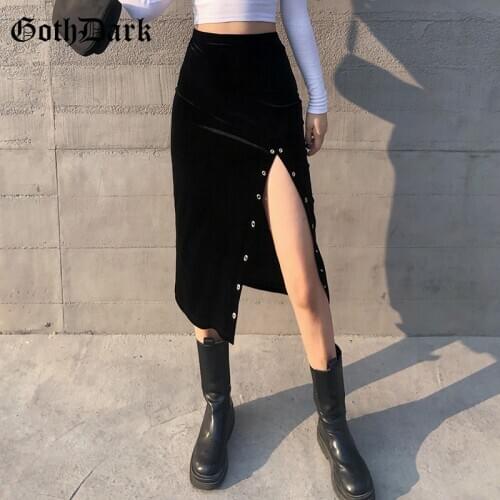 Goth Dark Elegant Black Mall Gothic Velvet Midi Skirts Grunge Punk Women High Waist Pencil Long Skirt Korean Sexy Partywear Emo