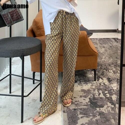 Unua amo 2021 Summer Wide Leg Pants For Women Street Style Fashion Wild Floral Geometric Print Bohemia Bandage Trousers