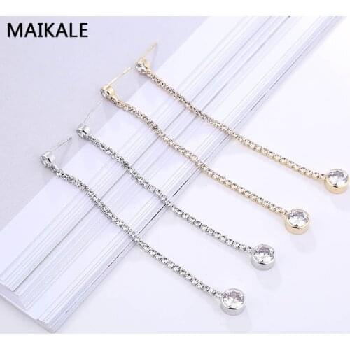 MAIKALE Simple Copper Rhinestone Stud Earrings Round Gold Long Earrings Tassel Pendant Korean Earrings For Women To Gift