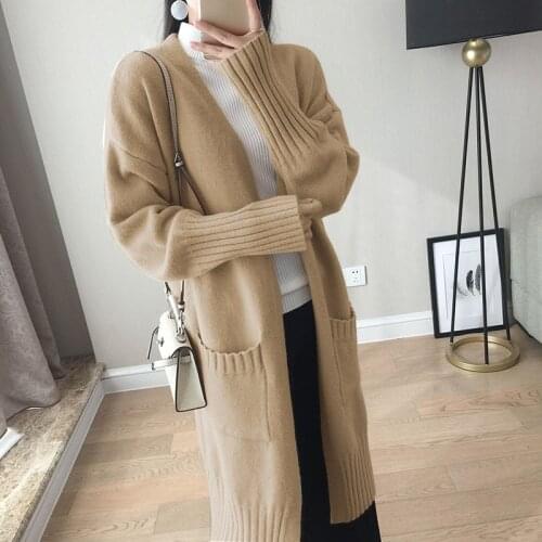 2021 New Autumn Winter Knit Cardigan Woman Full Sleeve Pocket Gray Khaki Warm Sweater Female Mid-length Open Stitch Knitted Tops