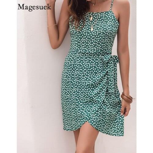 Summer Printed Spaghetti Strap Woman Dress Sexy Green Floral Dresses For Women 2021 Fashion Bow Elegant Mini Dress Vestido 15108