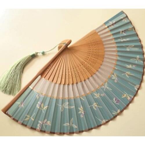 6-Inch Summer Female Fan Fan for Daily Use Double-Section Fan Folding Carrying Small Fan Cheongsam Fan Light Blue